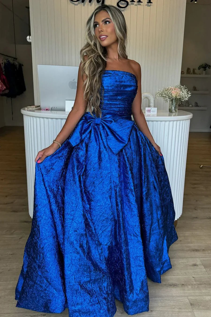 Strapless Satin A-Line Empire Party Prom Dress With Bow